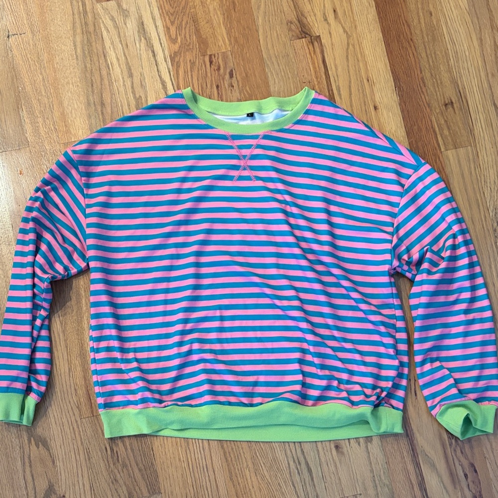 Striped Pink and Blue Sweatshirt with Green Accents